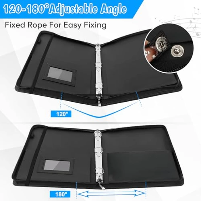 Sheet Music Folder, 13"x10.2" Choral Muisc Folder with Hand Strap, 3 Ring Music Folder with 30 Music Binder Bag Black PU Leather Choir Folders for Marching Band Piano Fits Letter Size 8.5x11 Inch by HIMOMO - Image 7