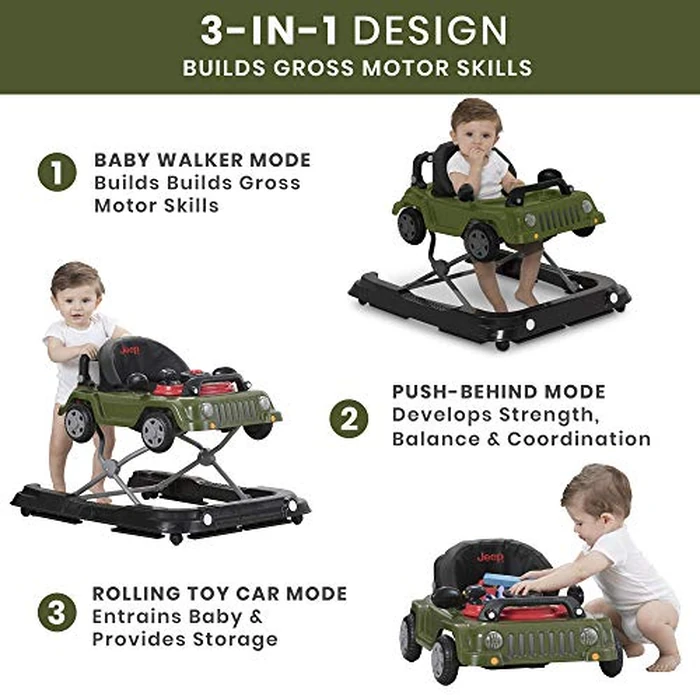 Jeep Classic Wrangler 3-in-1 Grow With Me Activity Walker - Features Music, Lights, Removable Play Tray, Push Walker Mode, Converts into Rolling Car Toy, Anniversary Green by Delta Children - Image 2