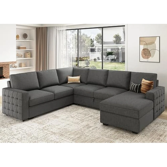 HONBAY Sectional Sleeper Sofa with Pull Out Bed U-Shape Sectional Couch Sleeper Bed with Storage Chaise 6 Seater Sleeper Sectional Sofa, Light Grey by HONBAY - Used - Like New condition