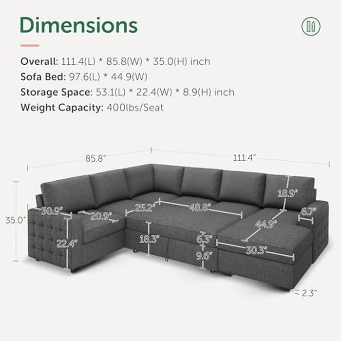 HONBAY Sectional Sleeper Sofa with Pull Out Bed U-Shape Sectional Couch Sleeper Bed with Storage Chaise 6 Seater Sleeper Sectional Sofa, Light Grey by HONBAY - Image 2