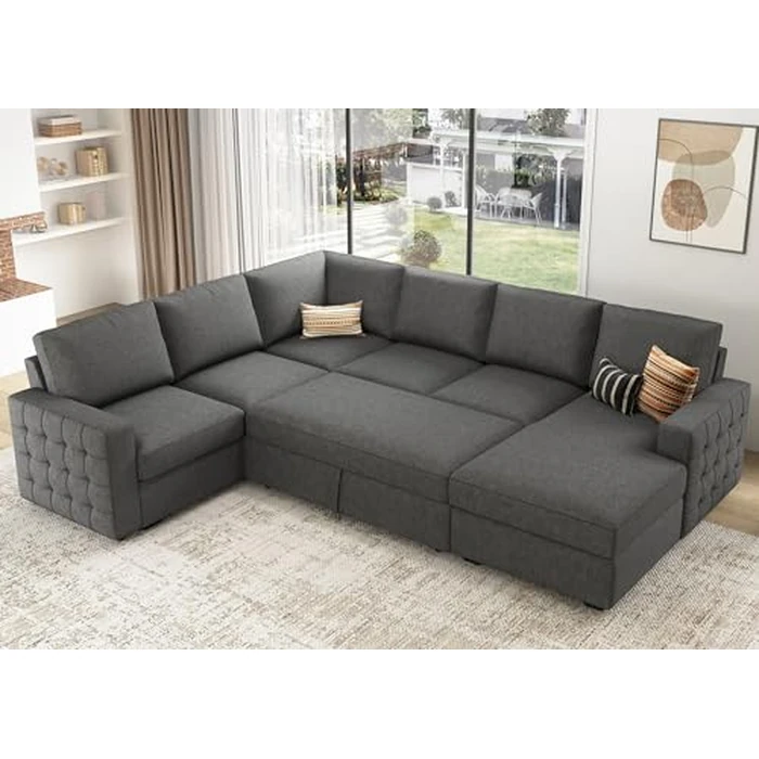 HONBAY Sectional Sleeper Sofa with Pull Out Bed U-Shape Sectional Couch Sleeper Bed with Storage Chaise 6 Seater Sleeper Sectional Sofa, Light Grey by HONBAY - Image 5