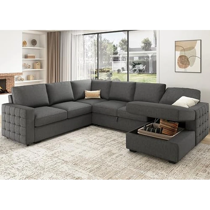 HONBAY Sectional Sleeper Sofa with Pull Out Bed U-Shape Sectional Couch Sleeper Bed with Storage Chaise 6 Seater Sleeper Sectional Sofa, Light Grey by HONBAY - Image 8