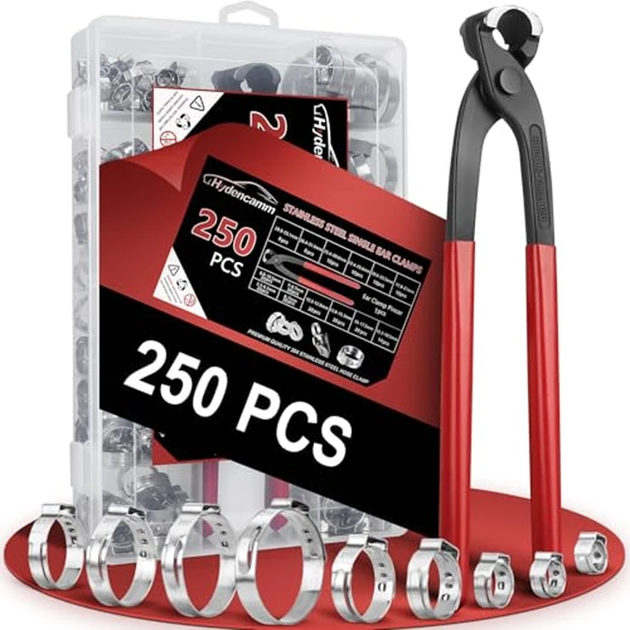 Hydencamm 250PCS 14 Sizes Single Ear Hose Clamp, 5.3-33.1mm 304 Stainless Steel Ear Clamp Kit with Ear Clamp Pincer, Stepless Hose Clamps Cinch Rings for Automotive, Home Appliance Line and Plumbing by Hydencamm - Used - Like New condition
