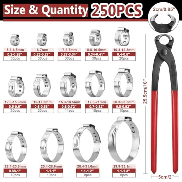 Hydencamm 250PCS 14 Sizes Single Ear Hose Clamp, 5.3-33.1mm 304 Stainless Steel Ear Clamp Kit with Ear Clamp Pincer, Stepless Hose Clamps Cinch Rings for Automotive, Home Appliance Line and Plumbing by Hydencamm - Image 5