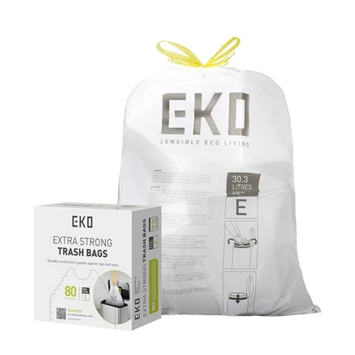 EKO Easy-Dispense Roll 80 Count Extra-Strong Drawstring Tall Kitchen Trash Bag, 8-9.5 Gallon Trash Bag (30.3L-36L) 1 Pack White, Code E by EKO - Used - Very Good condition - US$13.36