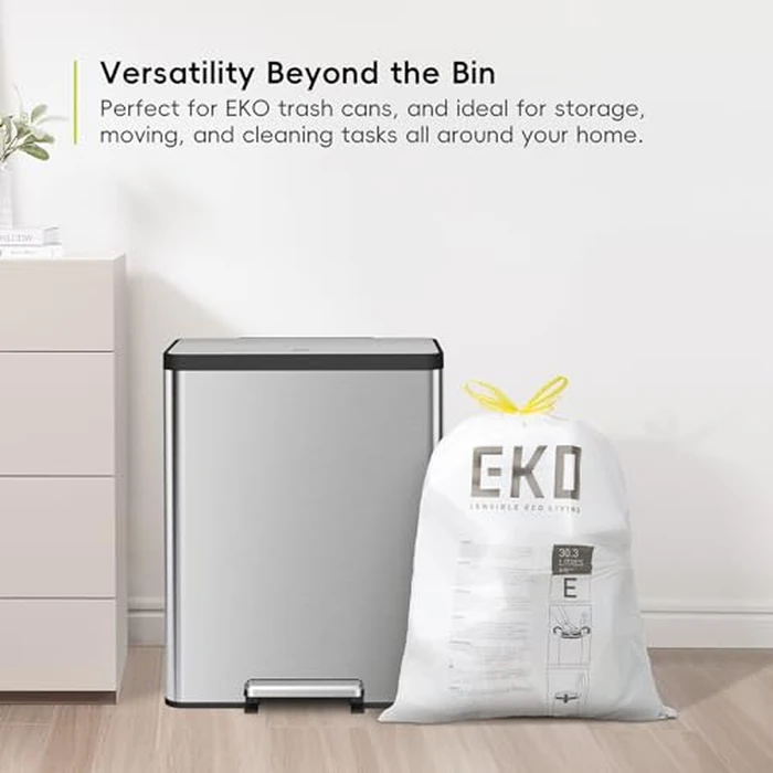EKO Easy-Dispense Roll 80 Count Extra-Strong Drawstring Tall Kitchen Trash Bag, 8-9.5 Gallon Trash Bag (30.3L-36L) 1 Pack White, Code E by EKO - Image 3