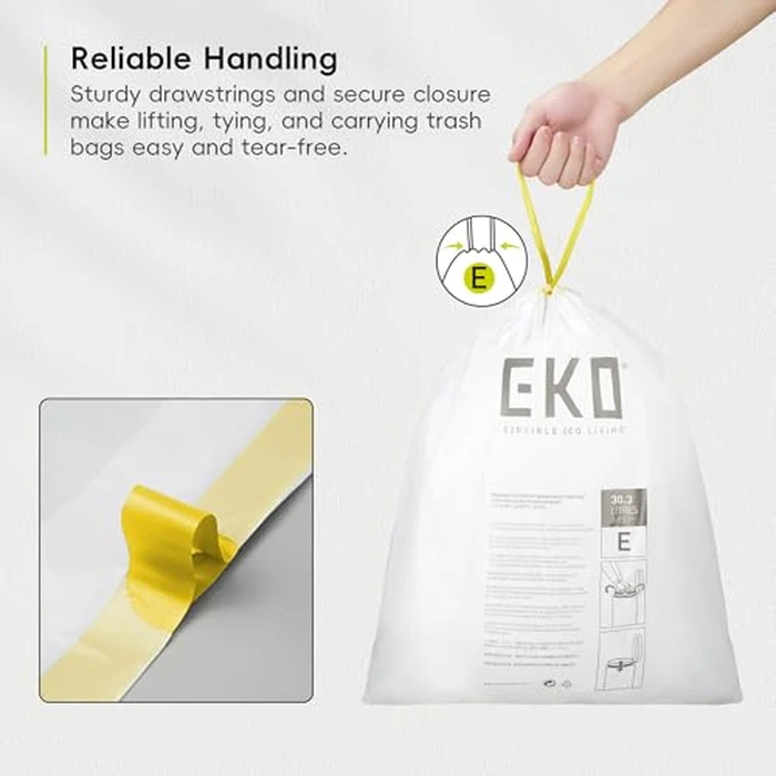 EKO Easy-Dispense Roll 80 Count Extra-Strong Drawstring Tall Kitchen Trash Bag, 8-9.5 Gallon Trash Bag (30.3L-36L) 1 Pack White, Code E by EKO - Image 4