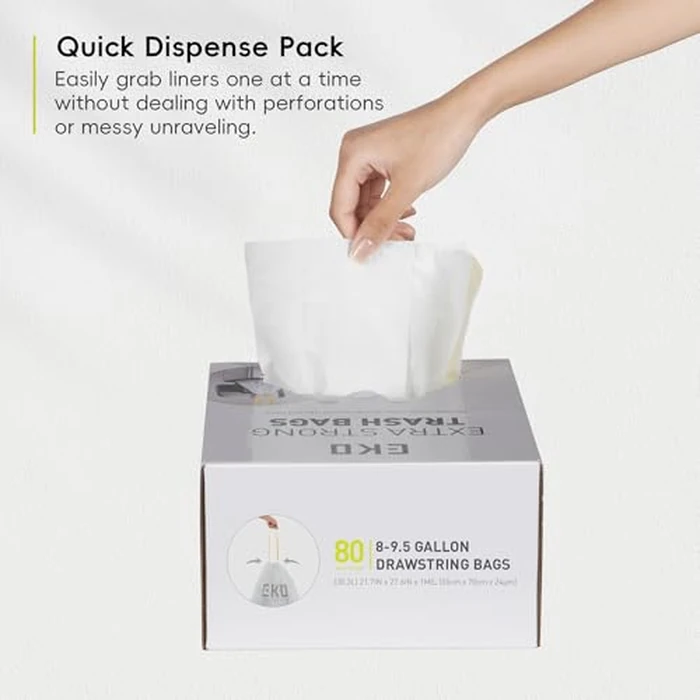 EKO Easy-Dispense Roll 80 Count Extra-Strong Drawstring Tall Kitchen Trash Bag, 8-9.5 Gallon Trash Bag (30.3L-36L) 1 Pack White, Code E by EKO - Image 9