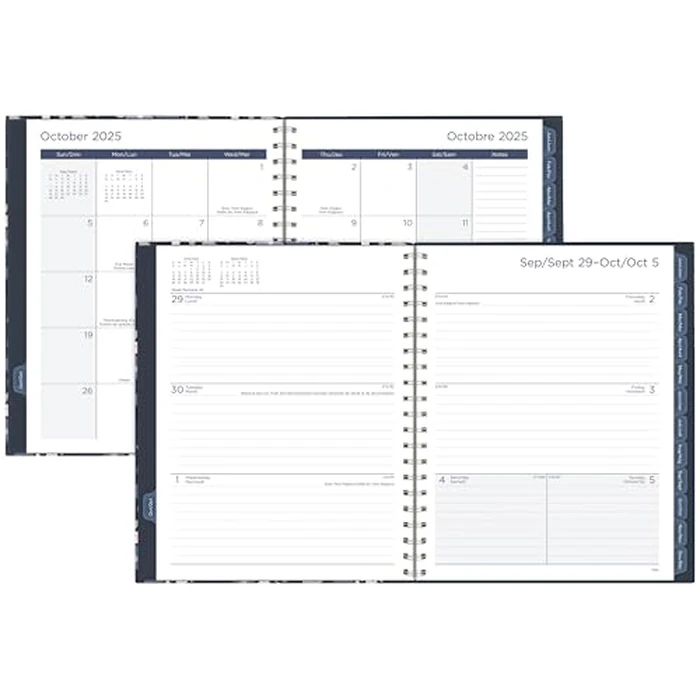 Mead Caprice 2026 Weekly/Monthly Planner, Large, 9" W x 11" H, Twin Coil Binding, Hard Cover With Blue Floral Pattern, Bilingual (6221-905F) by Mead - Image 4