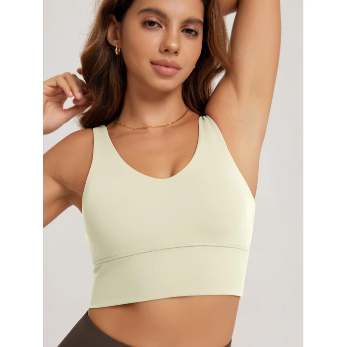 ODODOS Women's Longline U-Back Sports Bra V-Neck Padded Yoga Workout Wirefree Tank Top, Oat Milk, Large by ODODOS - Image 2