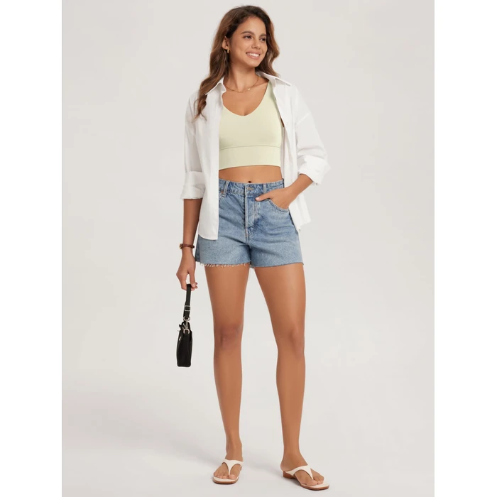 ODODOS Women's Longline U-Back Sports Bra V-Neck Padded Yoga Workout Wirefree Tank Top, Oat Milk, Large by ODODOS - Image 5