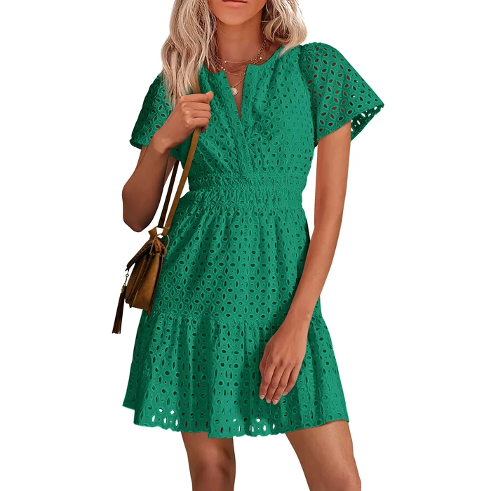 PRETTYGARDEN Womens 2025 Summer Short Dress V Neck Short Sleeve A Line Hollow Out Lace Ruffle Cute Casual Beach Party Dresses (Dark Green,Medium) by PRETTYGARDEN - Used - Like New condition