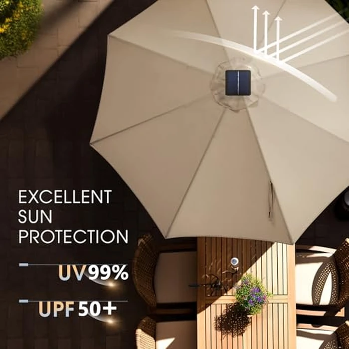 wikiwiki 9FT Solar Led Patio Umbrella with Base Included, 32 LED Lights, 8 Sturdy Ribs, Fade Resistant Waterproof POLYESTER DTY Canopy for Garden, Lawn, Deck, Backyard & Pool, Beige by wikiwiki - Image 4