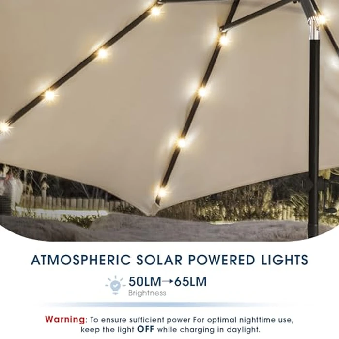 wikiwiki 9FT Solar Led Patio Umbrella with Base Included, 32 LED Lights, 8 Sturdy Ribs, Fade Resistant Waterproof POLYESTER DTY Canopy for Garden, Lawn, Deck, Backyard & Pool, Beige by wikiwiki - Image 5