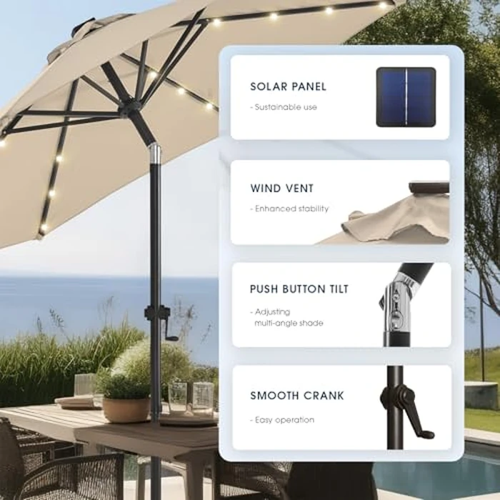 wikiwiki 9FT Solar Led Patio Umbrella with Base Included, 32 LED Lights, 8 Sturdy Ribs, Fade Resistant Waterproof POLYESTER DTY Canopy for Garden, Lawn, Deck, Backyard & Pool, Beige by wikiwiki - Image 6