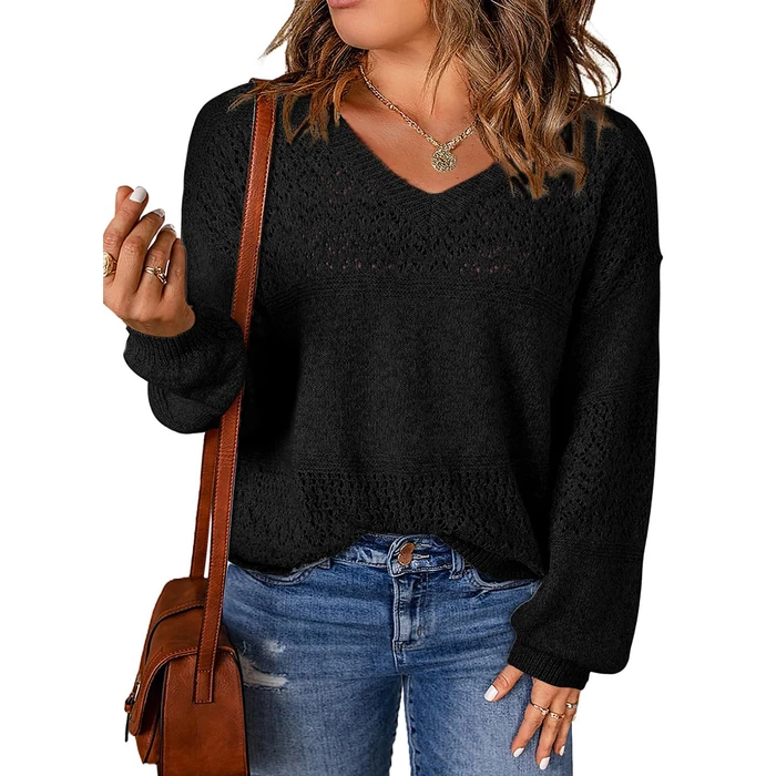 Eytino Women Plus Size Sweaters V Neck Long Sleeve Casual Loose Crochet Lightweight Pullover Jumper Tops,2X Black by Eytino - Image 1