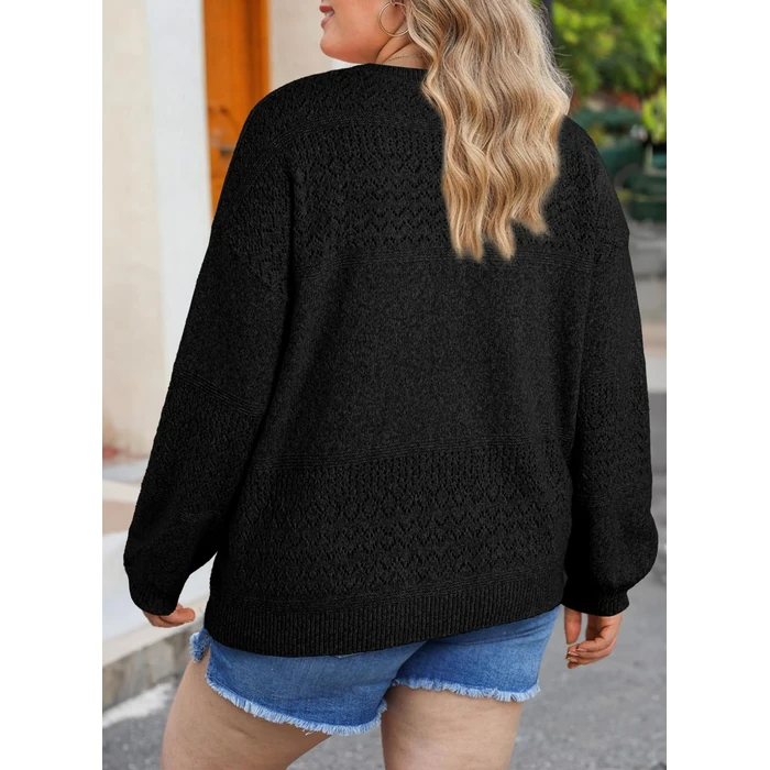 Eytino Women Plus Size Sweaters V Neck Long Sleeve Casual Loose Crochet Lightweight Pullover Jumper Tops,2X Black by Eytino - Image 2