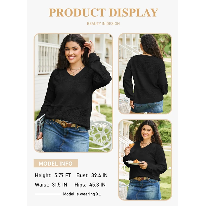 Eytino Women Plus Size Sweaters V Neck Long Sleeve Casual Loose Crochet Lightweight Pullover Jumper Tops,2X Black by Eytino - Image 3