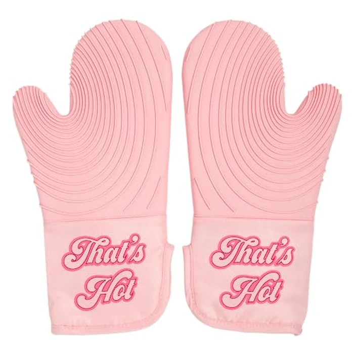 Paris Hilton Oven Mitt Set with Iconic That's HOT Design, Heat Resistant Pot Holders Featuring Non-Slip Textured Silicone Grips, 2-Piece Set, Pink by Paris Hilton - Used - Like New condition