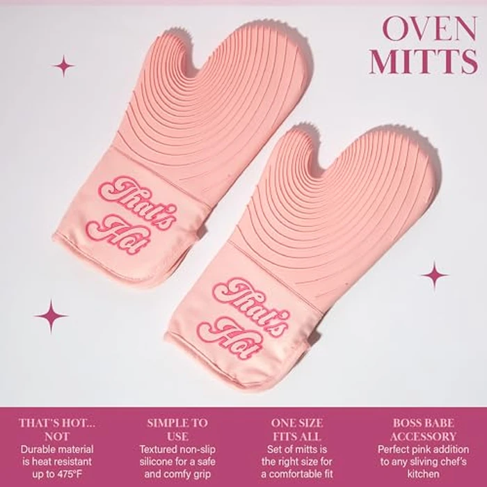 Paris Hilton Oven Mitt Set with Iconic That's HOT Design, Heat Resistant Pot Holders Featuring Non-Slip Textured Silicone Grips, 2-Piece Set, Pink by Paris Hilton - Image 4
