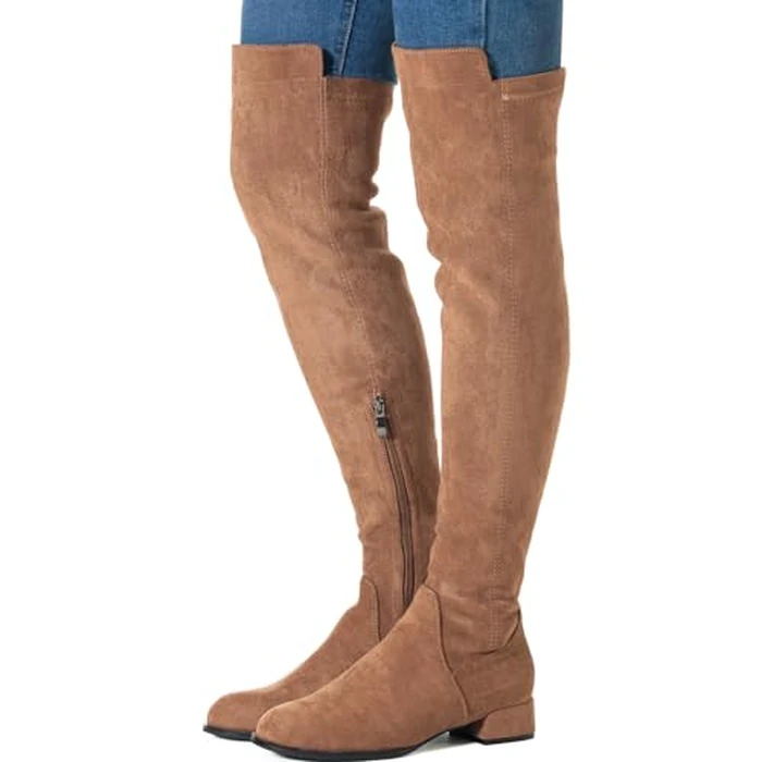 N.N.G Women Over the Knee Boots Thigh High Brown Suede 1-Inch Block Heel Stretch Long Side Zip for Party Evening Casual Wear Size 8 by N.N.G - Image 2