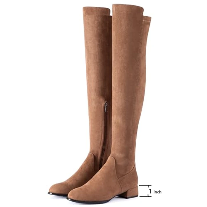 N.N.G Women Over the Knee Boots Thigh High Brown Suede 1-Inch Block Heel Stretch Long Side Zip for Party Evening Casual Wear Size 8 by N.N.G - Image 4
