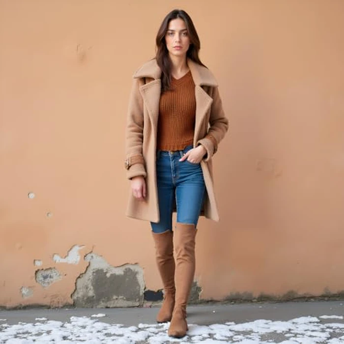 N.N.G Women Over the Knee Boots Thigh High Brown Suede 1-Inch Block Heel Stretch Long Side Zip for Party Evening Casual Wear Size 8 by N.N.G - Image 5