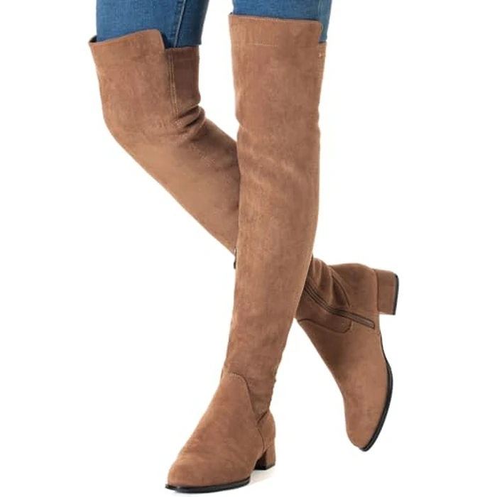 N.N.G Women Over the Knee Boots Thigh High Brown Suede 1-Inch Block Heel Stretch Long Side Zip for Party Evening Casual Wear Size 8 by N.N.G - Image 7