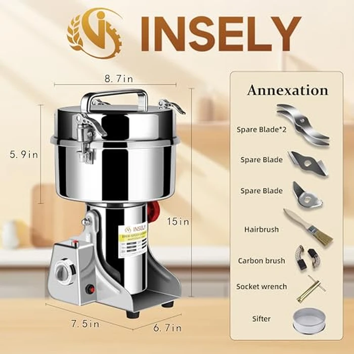 INSELY Grain Mill Grinder 2000g High Speed Food Grain Mill Stainless Steel Seeds Flour Nut Pill Wheat Corn Herbs Spices & Seasonings Dry Grinder Electric Machine Grinder for Kitchen by INSELY - Image 2