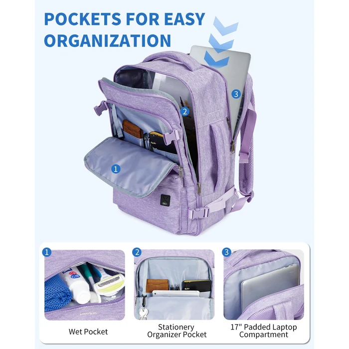 WANDF Travel Backpack For Spirit Airlines Personal Item Bag 18x14x8 with Wet Pocket, 17 Inch Laptop Backpack for Men Women（Purple） by WANDF - Image 3