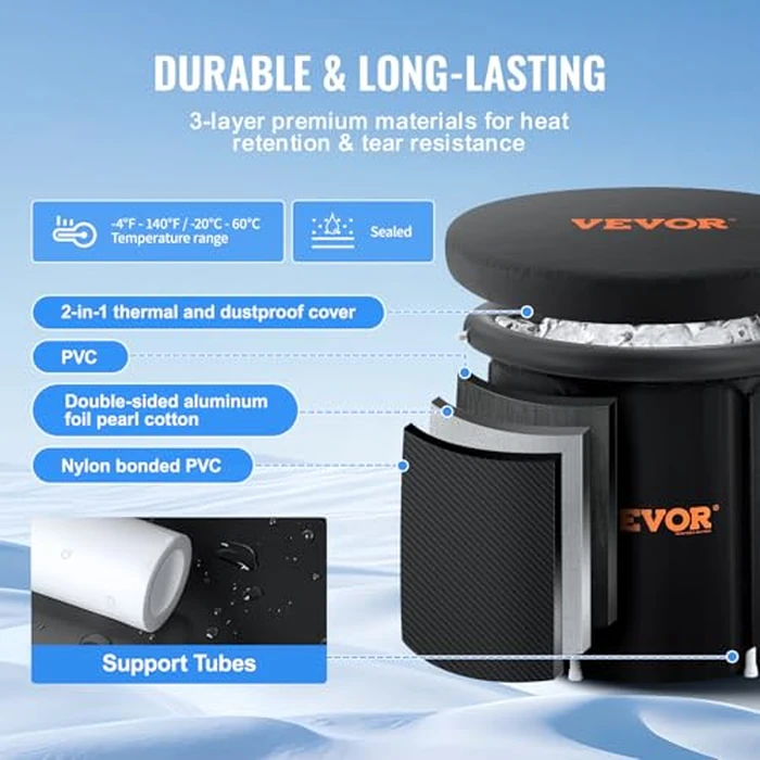 VEVOR Ice Bath Tub, Cold Water Therapy Plunge Tub for Athlete, Portable Outdoor Ice Barrel Plunge Pool for Recovery, 98 Gal Inflatable Folding Bathtub with Cover, Home Ice Pod for Adult, 35.4" Lx30 H by VEVOR - Image 3