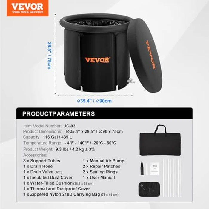 VEVOR Ice Bath Tub, Cold Water Therapy Plunge Tub for Athlete, Portable Outdoor Ice Barrel Plunge Pool for Recovery, 98 Gal Inflatable Folding Bathtub with Cover, Home Ice Pod for Adult, 35.4" Lx30 H by VEVOR - Image 7