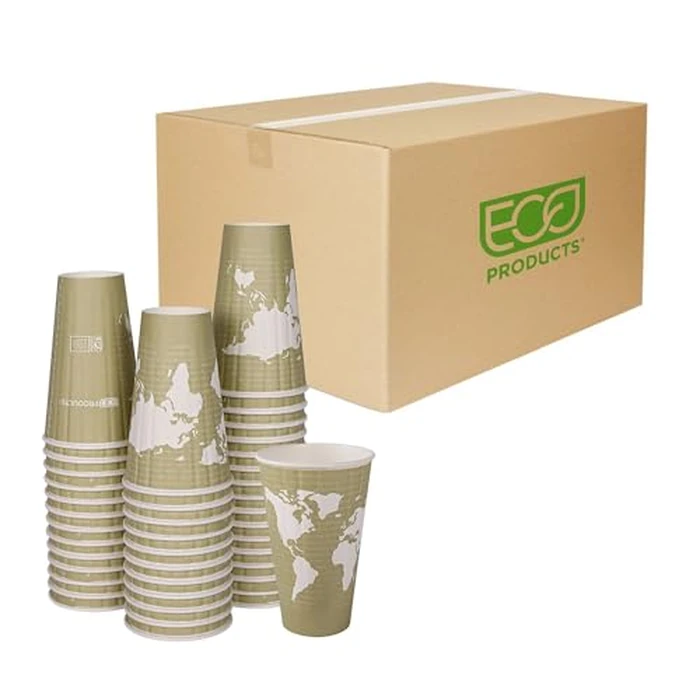 ECO PRODUCTS Compostable Disposable Insulated World Art 16oz Large Coffee Cups, Case of 600, Renewable Double-wall Hot Paper Cup, Plant Based PLA Lining, No Sleeves Needed, Color Coded by ECO PRODUCTS - Image 1