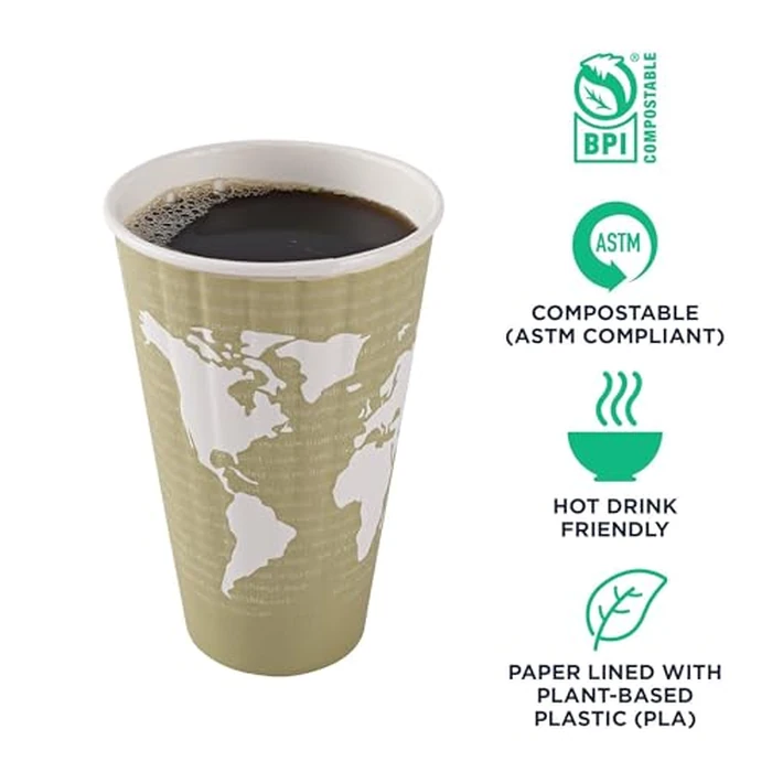 ECO PRODUCTS Compostable Disposable Insulated World Art 16oz Large Coffee Cups, Case of 600, Renewable Double-wall Hot Paper Cup, Plant Based PLA Lining, No Sleeves Needed, Color Coded by ECO PRODUCTS - Image 4