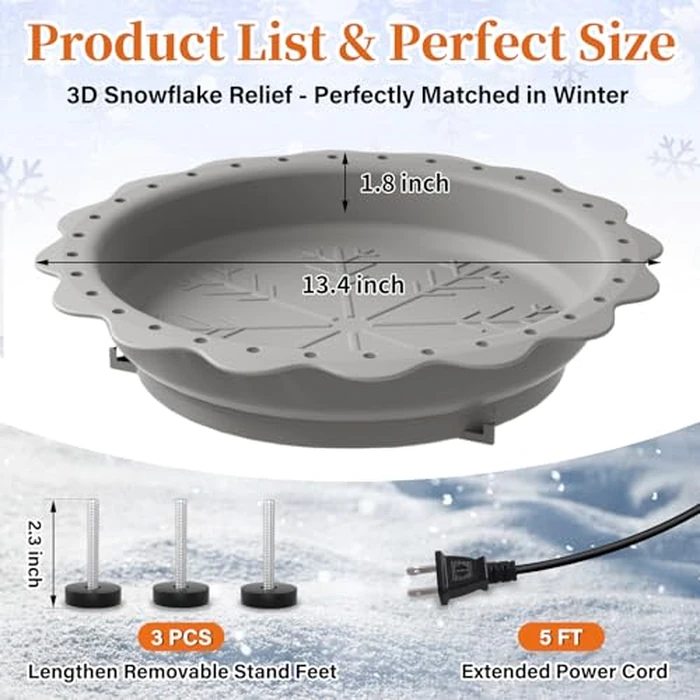 Jvgoo Heated Bird Bath for Outside Winter, Powerful 100W Thermostat Control Heated Bird Baths for Outdoors with 3 Metal Extension Screws, Heated Birdbath Water Heater for Garden Yard Patio Lawn(Grey) by Jvgoo - Image 2