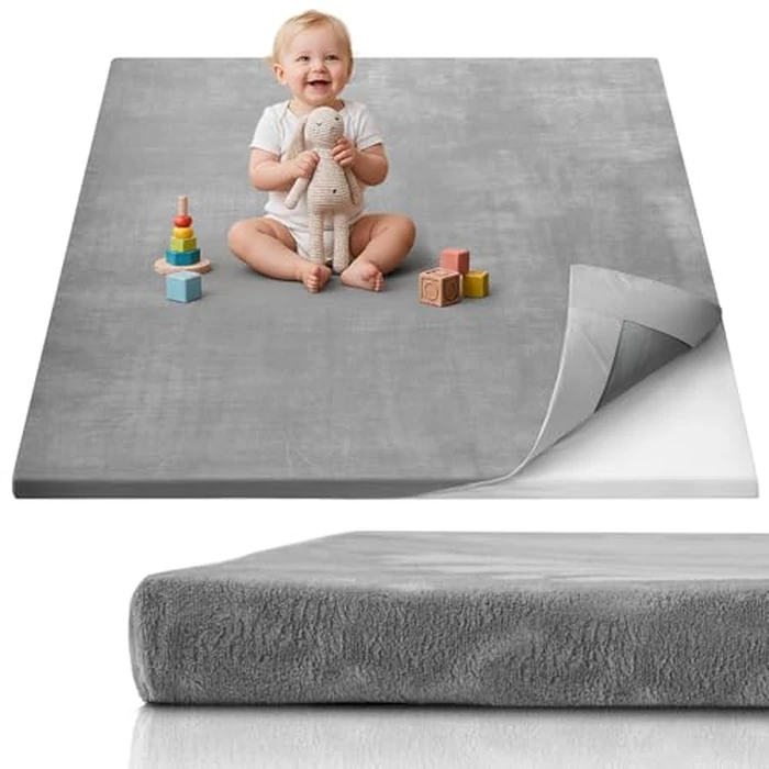 Blissful Diary 1.3" Thick Baby Play Mat, 50x50 Playpen Mat with Removable & Washable Cover, Ultra Soft Crawling Rug for Floor, Foam Cushion & Non-Slip Backing for Kid, Toddlers and Infants, Light Grey by Blissful Diary - Used - Like New condition - US$36.09