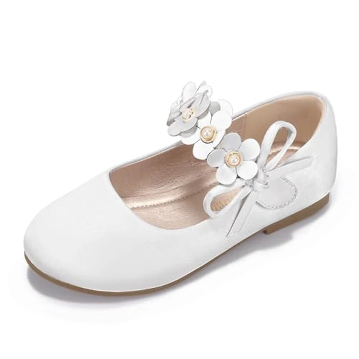 PANDANINJIA Toddler Girls Dress Shoes Flower Girl Flats Pearls Bow Mary Jane Wedding Party Ivory Shoes Flora Size 1(Ivory Silk,1 M US Little Kid) by PANDANINJIA - Image 1