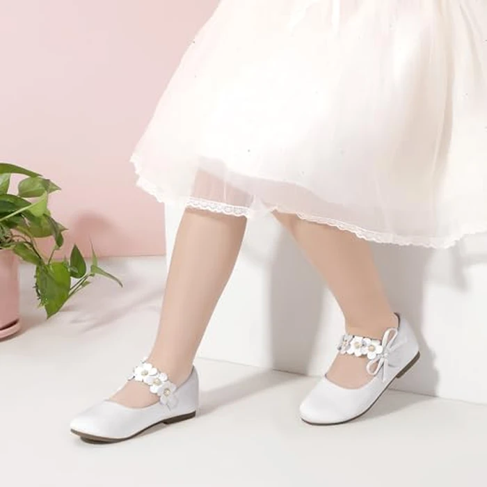 PANDANINJIA Toddler Girls Dress Shoes Flower Girl Flats Pearls Bow Mary Jane Wedding Party Ivory Shoes Flora Size 1(Ivory Silk,1 M US Little Kid) by PANDANINJIA - Image 2