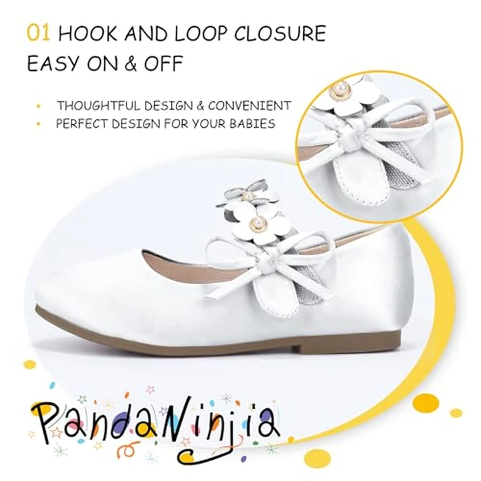 PANDANINJIA Toddler Girls Dress Shoes Flower Girl Flats Pearls Bow Mary Jane Wedding Party Ivory Shoes Flora Size 1(Ivory Silk,1 M US Little Kid) by PANDANINJIA - Image 4