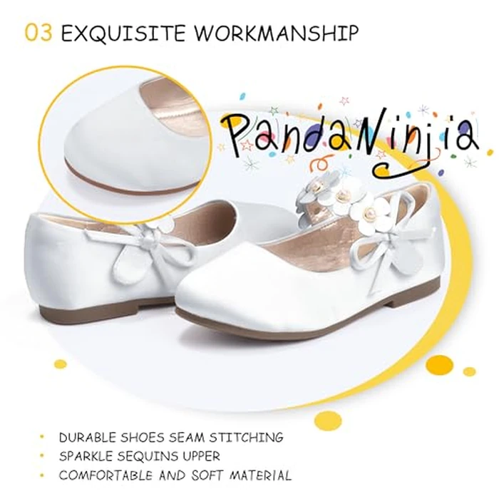 PANDANINJIA Toddler Girls Dress Shoes Flower Girl Flats Pearls Bow Mary Jane Wedding Party Ivory Shoes Flora Size 1(Ivory Silk,1 M US Little Kid) by PANDANINJIA - Image 6