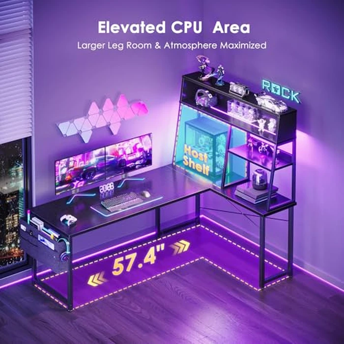 AODK L Shaped Gaming Desk with Led Lights, 59 Inch Reversible Gaming Computer Desk with Display Shelves, PC Gamer Desk Gamer Table with Storage Bag, L Desk for Game, Black by AODK - Image 6