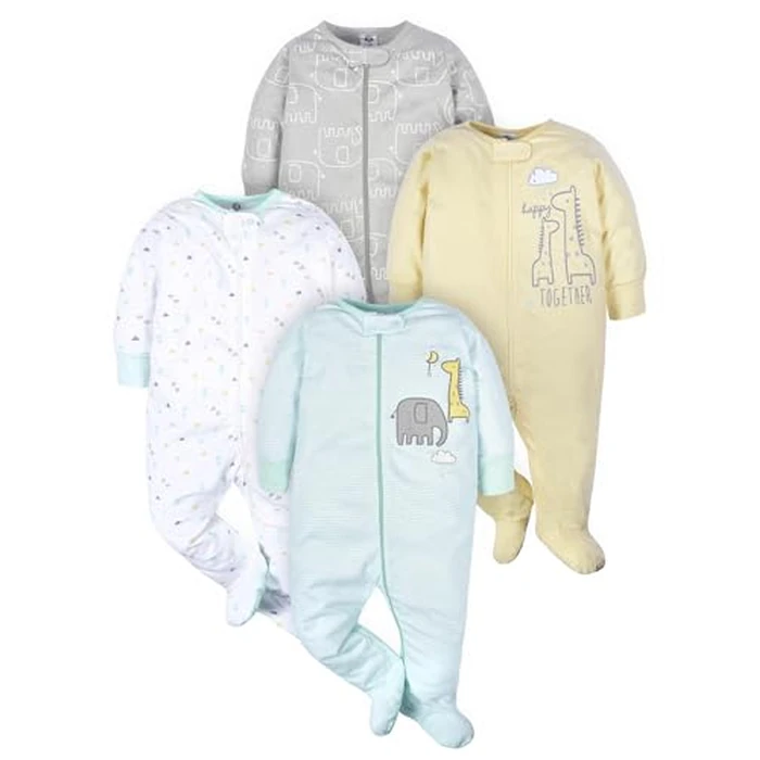 Gerber Unisex Baby 4 Pack Sleep 'N Play Footie Animals Green 3-6 Months by Gerber - Image 1