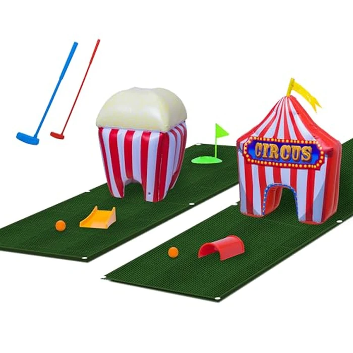FunPark Inflatable Mini Golf Set - 13-Piece Course with Adjustable Clubs, Balls, Putting Cups, Green Mats and Themed Obstacles for Indoor or Outdoor Play, Active Game for Boys ANG Girls, Ages 6+ by Flybar - Used - Like New condition - US$41.52