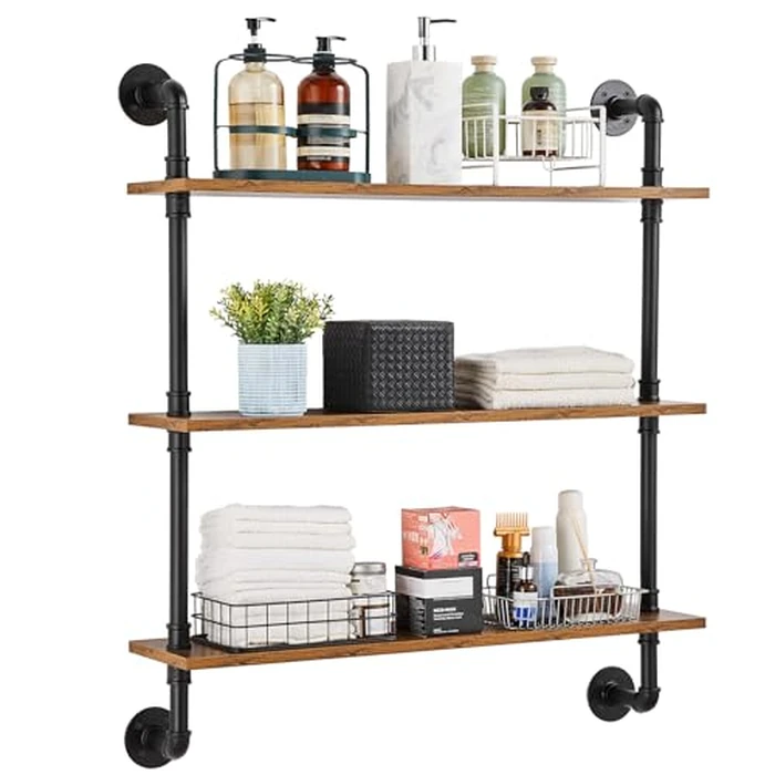 VEVOR Industrial Pipe Shelf, 3 Tier 32x7.87in, Wall-Mount Floating Rustic Wood Shelves Bracket Display Bookshelf, Storage Rack Sundries Holder for Kitchen Bedroom Bathroom Living Room, Black by VEVOR - Image 1