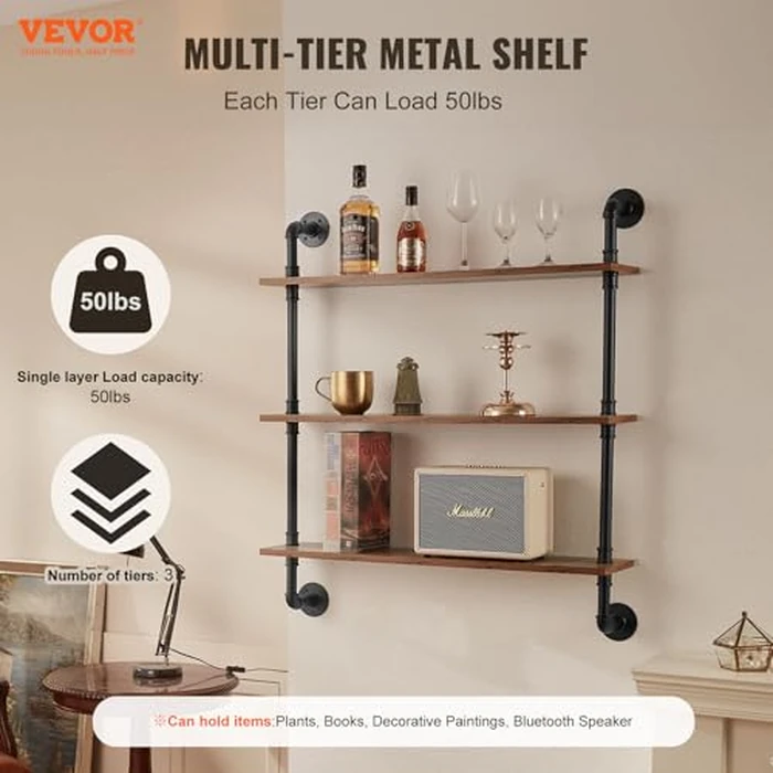 VEVOR Industrial Pipe Shelf, 3 Tier 32x7.87in, Wall-Mount Floating Rustic Wood Shelves Bracket Display Bookshelf, Storage Rack Sundries Holder for Kitchen Bedroom Bathroom Living Room, Black by VEVOR - Image 2