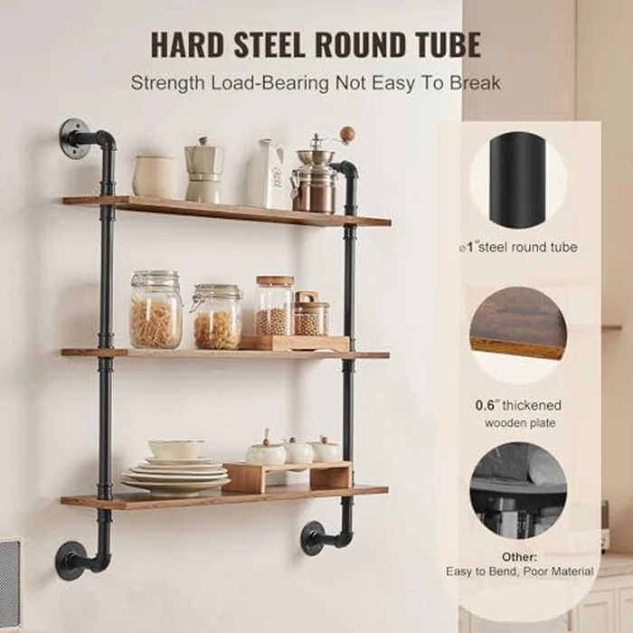 VEVOR Industrial Pipe Shelf, 3 Tier 32x7.87in, Wall-Mount Floating Rustic Wood Shelves Bracket Display Bookshelf, Storage Rack Sundries Holder for Kitchen Bedroom Bathroom Living Room, Black by VEVOR - Image 3