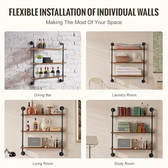 VEVOR Industrial Pipe Shelf, 3 Tier 32x7.87in, Wall-Mount Floating Rustic Wood Shelves Bracket Display Bookshelf, Storage Rack Sundries Holder for Kitchen Bedroom Bathroom Living Room, Black by VEVOR - Image 4