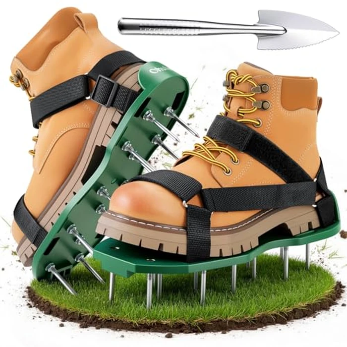 Ohuhu Lawn Aerator Shoes with Hook & Loop Straps, All New Unique Design Free-Installation Heavy Duty Spiked Aerating Sandals, One-Size-Fits-All for Yard Patio Lawn Garden by Ohuhu - Used - Very Good condition - US$23.79