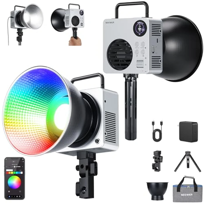 NEEWER 80W RGBWW LED Video Light with 72Wh Battery, 100W PD Fast Charger, APP/2.4G Control, 10400lux/m 2500K-7500K, Mini RGB Bowens Mount Studio Photography Recording Continuous Output Lighting, HB80C by NEEWER - Used - Like New condition