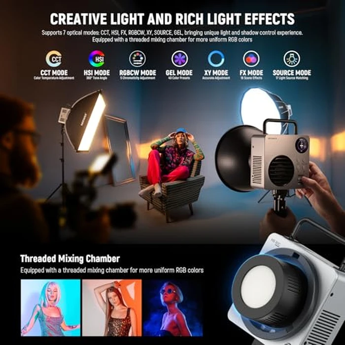 NEEWER 80W RGBWW LED Video Light with 72Wh Battery, 100W PD Fast Charger, APP/2.4G Control, 10400lux/m 2500K-7500K, Mini RGB Bowens Mount Studio Photography Recording Continuous Output Lighting, HB80C by NEEWER - Image 3
